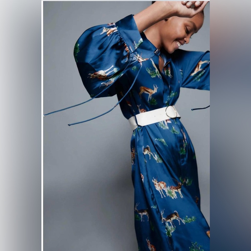 Zara Blue Printed Long Sleeve Midi Shirt Dress - Picture 3 of 8
